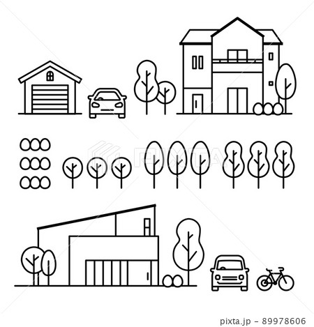 郊外の一軒家、植木、自動車、自転車、ガレージのアイコンセット 89978606