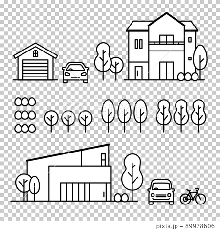 為郊區住宅、植物、汽車、自行車、車庫設置的圖標 89978606
