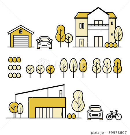 郊外の一軒家、植木、自動車、自転車、ガレージのアイコンセット 郊外の一軒家、植木、自動車、自転車、ガレージのアイコンセット 89978607