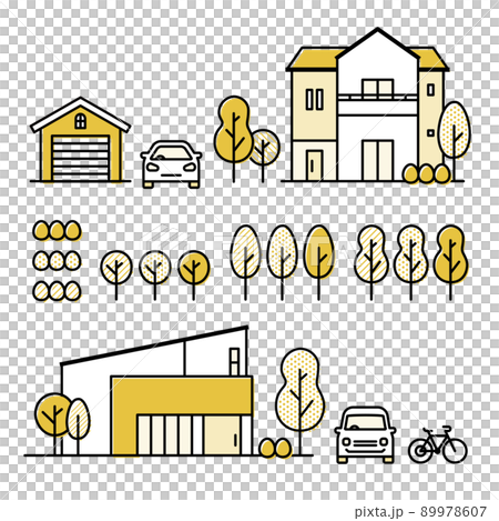 為郊區住宅、植物、汽車、自行車、車庫設置的圖標 89978607