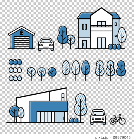 郊外の一軒家、植木、自動車、自転車、ガレージのアイコンセット 郊外の一軒家、植木、自動車、自転車、ガレージのアイコンセット 89979045