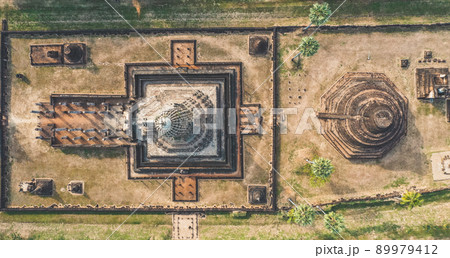Aerial view of Wat Phra Sri Rattana Mahathat Rajaworaviharn temple and buddha in Si Satchanalai 89979412