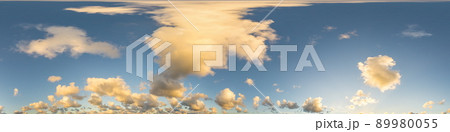 Dark blue sunset sky panorama with Cumulus clouds. Seamless hdr pano in spherical equirectangular format. Complete zenith for 3D visualization, game and sky replacement for aerial drone 360 panoramas. 89980055