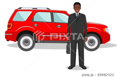 African, american businessman standing near the red car on white background in flat style. Detailed illustration of automobile and man. Business concept. Flat design people character. Vector African, american businessman standing near the red car on white background in flat style. Detailed illustration of automobile and man. Business concept. Flat design people character. Vector 89982322