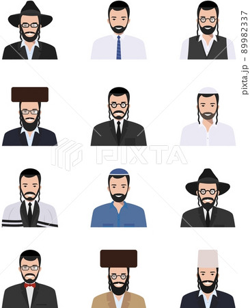 Different jewish people characters avatars icons set in flat style isolated on white background. Differences Israelis ethnic man smiling faces in traditional clothing. Vector illustration. 89982337