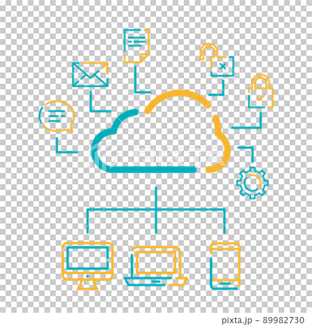 ポップなアイコンの端末とクラウドイメージ　ブルーとイエロー 89982730