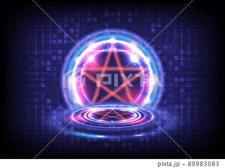 GUI and UI virtual reality. Portal and hologram science futuristic. Sci-fi digital hi-tech in glowing HUD projector. Magic stargate in game fantasy. Circle teleport podium. Showing display interface GUI and UI virtual reality. Portal and hologram science futuristic. Sci-fi digital hi-tech in glowing HUD projector. Magic stargate in game fantasy. Circle teleport podium. Showing display interface 89983083