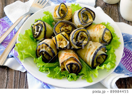 Eggplant rolls with cheese and walnuts Eggplant rolls with cheese and walnuts 89984455