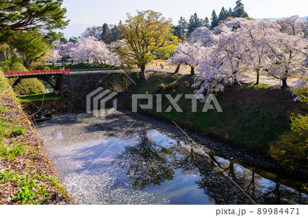 会津鶴ヶ城お堀の花筏　春の朝　福島県 89984471