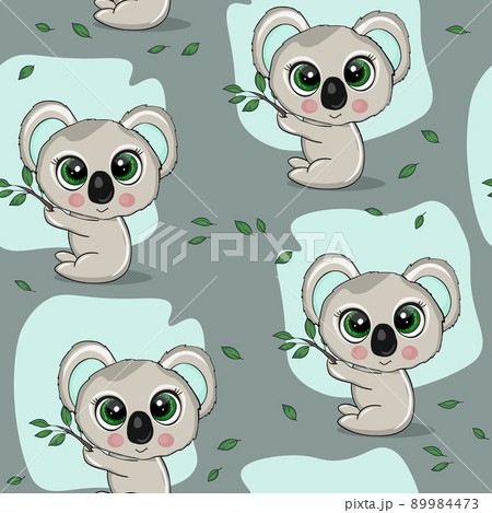 Seamless pattern with cute koala baby on color background. Funny australian animals. Card, postcards for kids. Flat vector illustration for fabric, textile, wallpaper, poster, paper 89984473