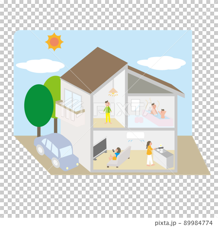 一軒家の自宅で幸せな生活を送る家族 89984774