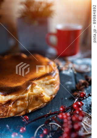 crusty classic basque san sebastian cheesecake with cream cheese and tea cup crusty classic basque san sebastian cheesecake with cream cheese and tea cup 89984892