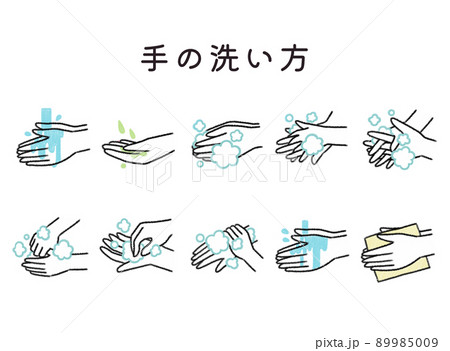 シンプルなデザインの手洗い手順イラスト 89985009