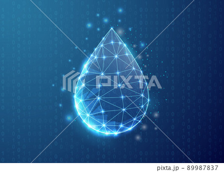 Water drop polygonal symbol with binary code background. Droplet concept design vector illustration. Blue Oil drop low poly symbol with connected dots 89987837