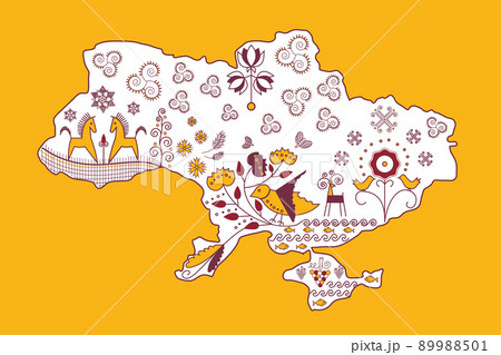 Ukraine Map. Traditional Ukrainian symbols of happiness and prosperity. Yellow background. Ukraine Map. Traditional Ukrainian symbols of happiness and prosperity. Yellow background. 89988501