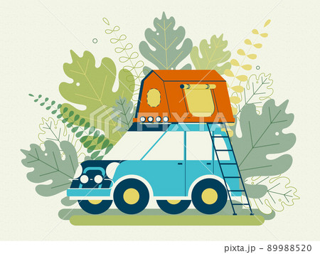 Summer camping. Camping tents. Tent on the roof of the car. Flat design. Stock vector illustration. Summer camping. Camping tents. Tent on the roof of the car. Flat design. Stock vector illustration. 89988520