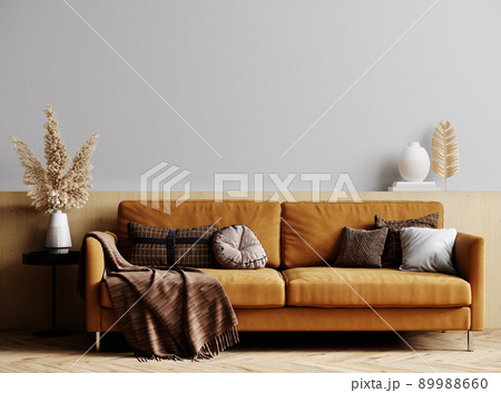 Mockup modern interior with sofa in stylish living room, wood wall and pampas grass, empty light wall, 3D render 89988660