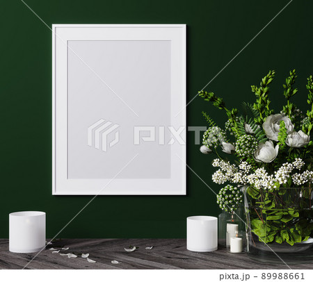 Mockup poster vertical frame close up with white flowers and candles, green wall. 3D render 89988661