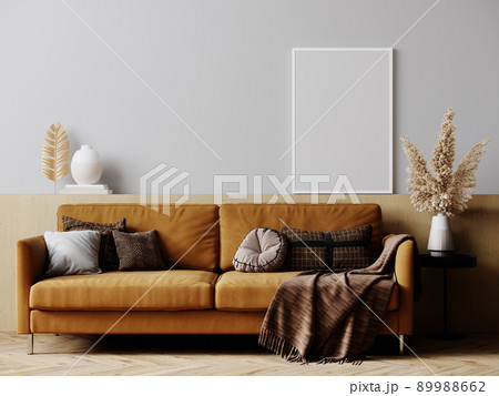 Frame mockup in bright living room design with brown sofa, white frame in Scandinavian interior, 3d rendering Frame mockup in bright living room design with brown sofa, white frame in Scandinavian interior, 3d rendering 89988662