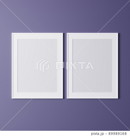 blank frames on purple wall, mock up, vertical white frames for poster on the wall, photo frame isolated on the wall, mock up for picture or photo frame, blank frame on bright wall, 3d rendering 89989168