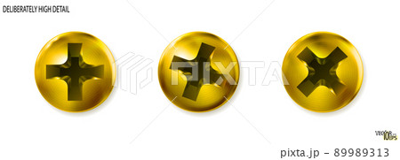 Set gold metal screws, heads, golden bolts. Vector 89989313