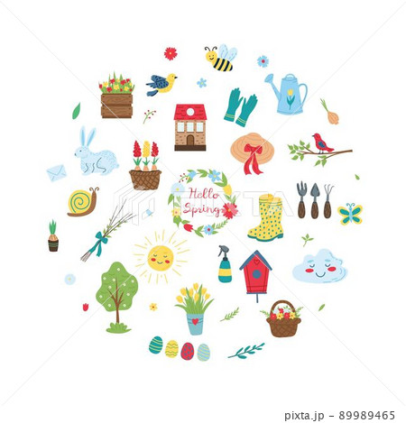 Spring set in the form of a circle. Flat vector illustration 89989465