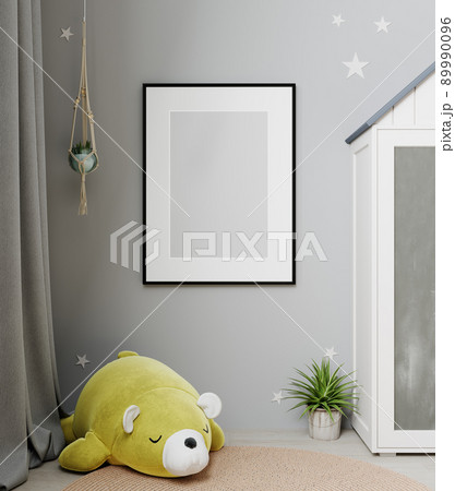 Mock up frame in children room interior background, Scandinavian style, 3D render Mock up frame in children room interior background, Scandinavian style, 3D render 89990096