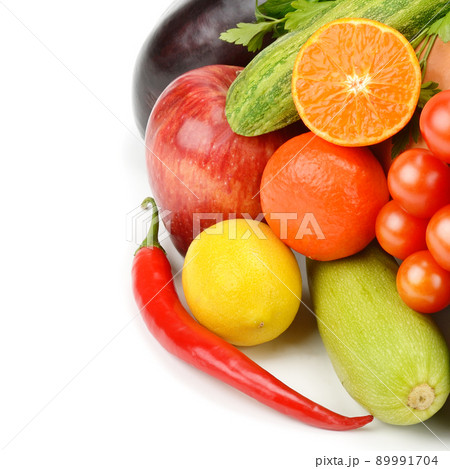 Composition of fruits and vegetables isolated on white background. Composition of fruits and vegetables isolated on white background. 89991704