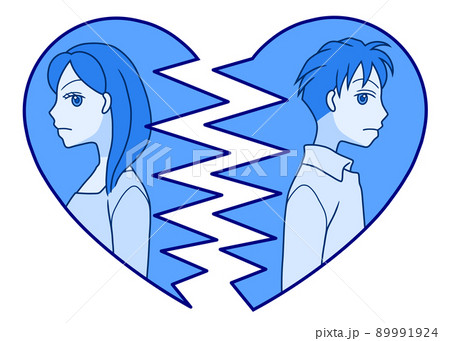 割れたハートの中で、お互いを冷めた目で見る背中合わせの若い男女 89991924