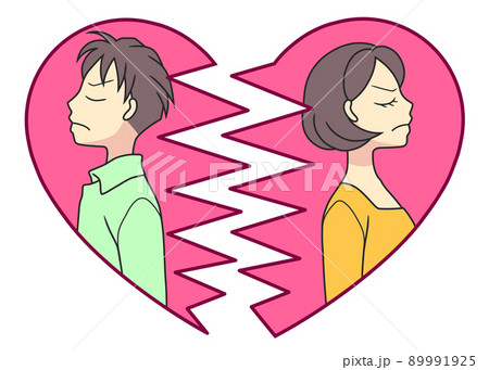 割れたハートの中で、背中を向けて怒っている若いカップル 割れたハートの中で、背中を向けて怒っている若いカップル 89991925