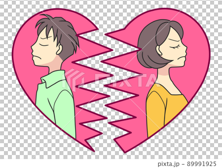 割れたハートの中で、背中を向けて怒っている若いカップル 割れたハートの中で、背中を向けて怒っている若いカップル 89991925