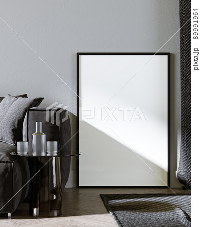 Mock up poster, Living room with gray Sofa, 3d rendering, 3d illustration Mock up poster, Living room with gray Sofa, 3d rendering, 3d illustration 89991964