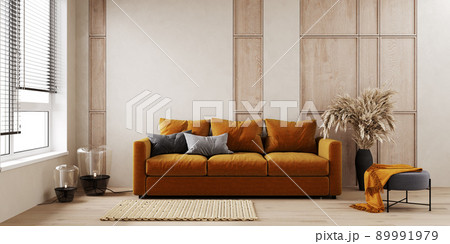 Home interior mock-up with orange sofa, floor lamp and pampas grass in living room, 3d render Home interior mock-up with orange sofa, floor lamp and pampas grass in living room, 3d render 89991979