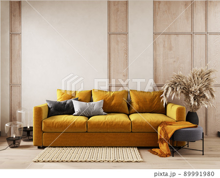 Wall mock up in light simple interior, Scandi-Boho style, 3d render Wall mock up in light simple interior, Scandi-Boho style, 3d render 89991980