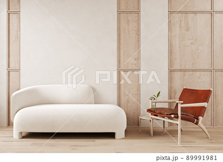 Scandinavian living room interior mockup, natural wooden furniture and trendy home accessories on bright beige background, 3d render 89991981