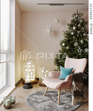 Living Room Christmas interior in Scandinavian style. Christmas tree with stars, twinkle, candle and pink cozy chair, 3d rendering. 89992559