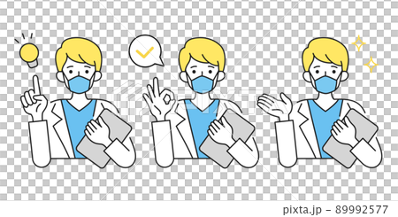 Illustration of a male doctor wearing a mask. Suggestions, advice and explanations. Gestures. Lab coat. Illustration of a male doctor wearing a mask. Suggestions, advice and explanations. Gestures. Lab coat. 89992577