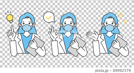 Illustration of a female doctor wearing a mask. Suggestions, advice and explanations. Gestures. Lab coat. Illustration of a female doctor wearing a mask. Suggestions, advice and explanations. Gestures. Lab coat. 89992579
