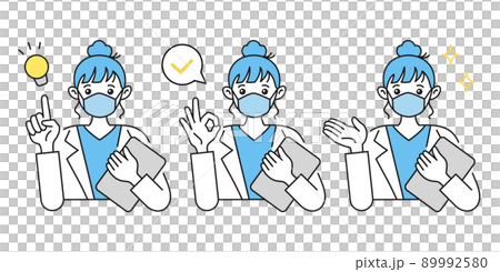 Illustration of a female doctor wearing a mask. Suggestions, advice and explanations. Gestures. Lab coat. Illustration of a female doctor wearing a mask. Suggestions, advice and explanations. Gestures. Lab coat. 89992580