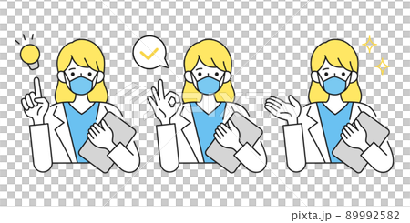 Illustration of a female doctor wearing a mask. Suggestions, advice and explanations. Gestures. Lab coat. Illustration of a female doctor wearing a mask. Suggestions, advice and explanations. Gestures. Lab coat. 89992582
