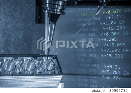 Abstract scene 5-axis machining center cutting the engine parts with G-code data background . Abstract scene 5-axis machining center cutting the engine parts with G-code data background . 89995752