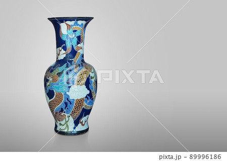 old and antique blue big ceramic vase on grey background, object, vintage, retro, copy space 89996186