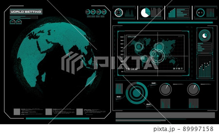 Futuristic VR head-up display design with orbital global network 3D rendering 89997158