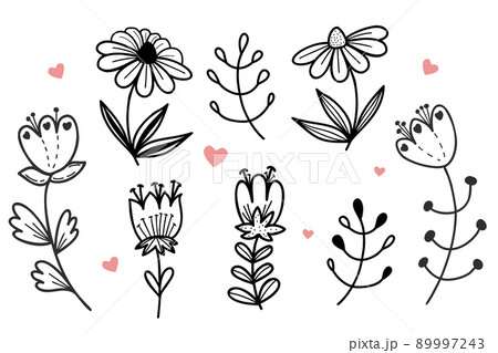 Collection of decorative flowers, chamomile, leaves and branches. Linear hand drawn doodle. Vector illustration. Isolated elements for design and decoration. Collection of decorative flowers, chamomile, leaves and branches. Linear hand drawn doodle. Vector illustration. Isolated elements for design and decoration. 89997243