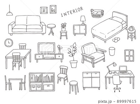 インテリア・家具の手描きイラストセット1（モノクロ） 89997615