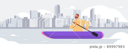 man rowing small boat guy paddling canoe kayaking canoeing paddling active vacation summer activity concept 89997963