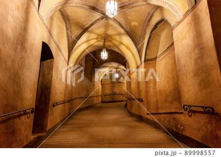 The background of the night-lit medieval Gothic corridor. 89998557