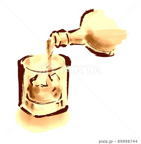 グラスにウイスキーを注ぐ手描き和風イラスト　琥珀色 89998744