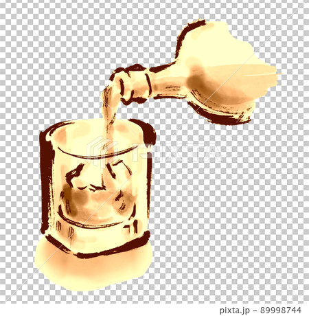 グラスにウイスキーを注ぐ手描き和風イラスト　琥珀色 89998744