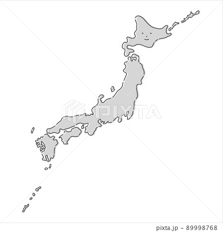 かわいい笑顔の手書きの日本地図 薄いグレーのシンプルな日本列島 ゆるい塗りとやわらかな黒線のイラスト素材